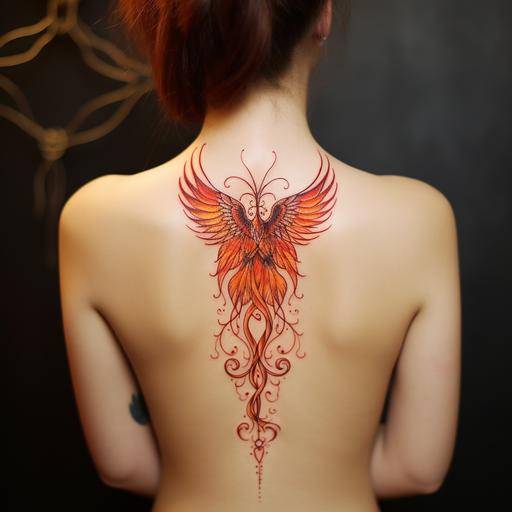 phoenix design for back tattoo for girl, symmetric, small tattoo in the upper spine