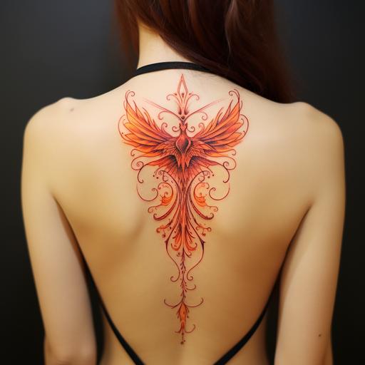 phoenix design for back tattoo for girl, symmetric, small tattoo in the upper spine