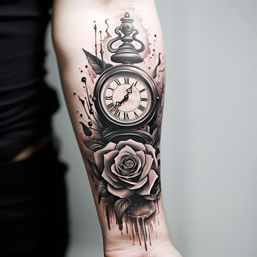 pocket clock tattoo design in the forearm in a realistic black and gray style with a name in a band with a crown, a baby foot print,