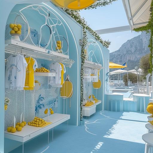 a big activation centre with no people at a fan zone outside a tennis concept pop-up store for a racket-themed tenniswear brand color white, light blue, light blue and lemon yellow, designed by Dorothy Draper Along the coastline of Capri, depicting the Dolce Vita Lifestyle, with Majolica print in style of Dolce & Gabbana, Photo taken by Tim Walker with a Sony A7R III, capturing the essence of Coastal Elegance. 8K, Ultra-HD, Super-Resolution --v 6.0