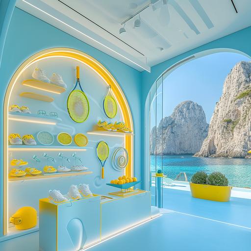 create a realistic image of a collapsible and articulated concept pop-up store for a racket-themed tenniswear brand color white, light blue and lemon yellow, designed by Dorothy Draper Along the coastline of Capri, depicting the Dolce Vita Lifestyle, Photo taken by Tim Walker with a Sony A7R III, capturing the essence of Coastal Elegance. 8K, Ultra-HD, Super-Resolution --v 6.0