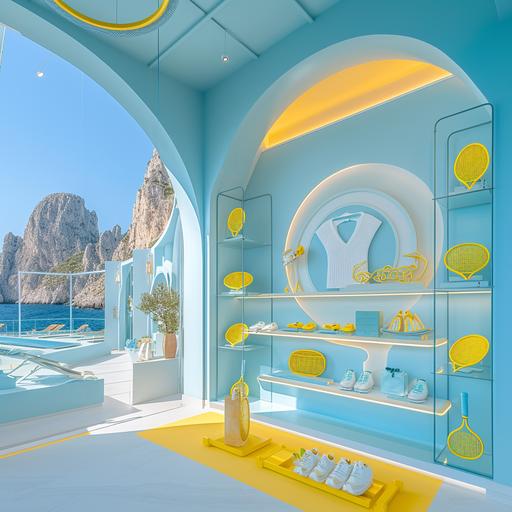 create a realistic image of a collapsible and articulated concept pop-up store for a racket-themed tenniswear brand color white, light blue and lemon yellow, designed by Dorothy Draper Along the coastline of Capri, depicting the Dolce Vita Lifestyle, Photo taken by Tim Walker with a Sony A7R III, capturing the essence of Coastal Elegance. 8K, Ultra-HD, Super-Resolution --v 6.0