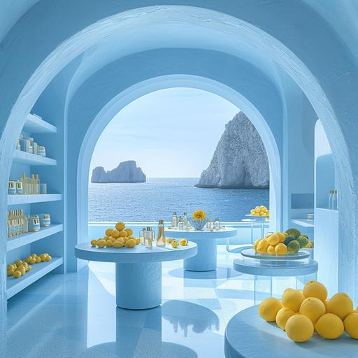 perfumes store design in Alvaro Siza style with breattaking table with capri view , light blue with lemons, Photo taken by Tim Walker with a Sony A7R III, capturing the essence of Coastal Elegance. 8K, Ultra-HD, Super-Resolution. ar--9:16 --stylize 250 --v 6.0