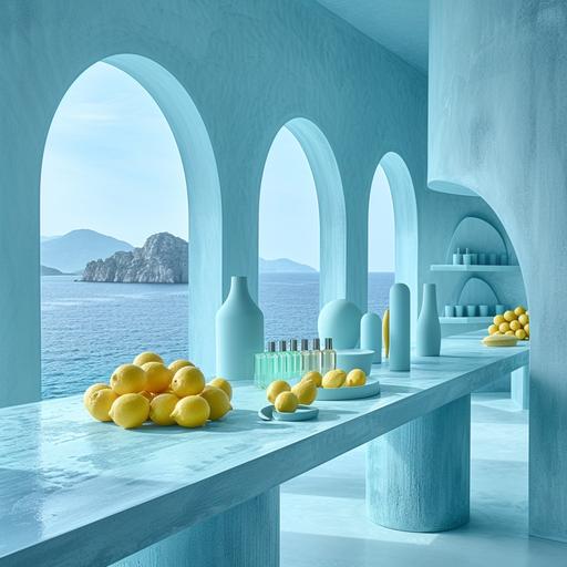 perfumes store design in Alvaro Siza style with breattaking table with capri view , light blue with lemons, Photo taken by Tim Walker with a Sony A7R III, capturing the essence of Coastal Elegance. 8K, Ultra-HD, Super-Resolution. ar--9:16 --stylize 250 --v 6.0