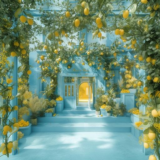 photograph of a Capri inspired Dolce & Gabbana pop-up store set up stand alone in the middle of a Harward University campus, dreamy and soft film texture facade , dolce& gabbana store facade Gwenael Nicolas inpiration, light blue , with lemons on it architecture photography, hyper realistic, super detailed, stands for perfume bottles , 32k resolution --v 6.0