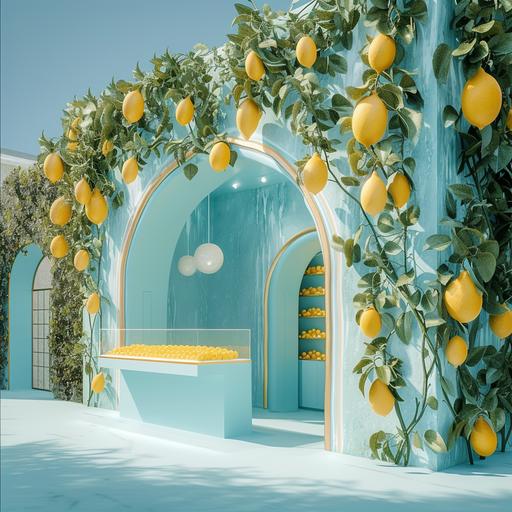 photograph of a Capri inspired Dolce & Gabbana pop-up store set up stand alone in the middle of a Harward University campus, dreamy and soft film texture facade , dolce& gabbana store facade Gwenael Nicolas inpiration, light blue , with lemons on it architecture photography, hyper realistic, super detailed, perfume window display, 32k resolution --v 6.0