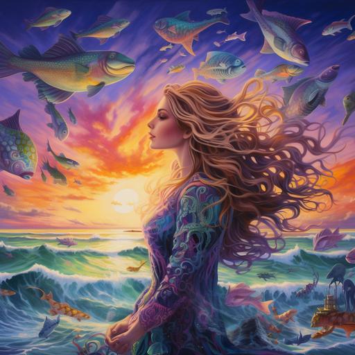 A mermaid with long flowing blonde hair with a big green, blue and purple mermaid tail, surfing a huge ocean wave with many sea creatures in the water like fish, jellyfish, turtles and dolphins, holding a shell with insense and colorful smoke permeating, in the background there is a beach in the distance, birds in the sky and a sunset with pink, purple and orange colors
