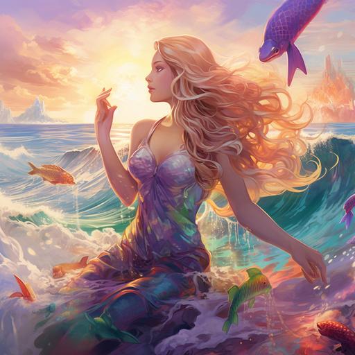 A mermaid with long flowing blonde hair with a big green, blue and purple mermaid tail, surfing a huge ocean wave with many sea creatures in the water like fish, jellyfish, turtles and dolphins, holding a shell with insense and colorful smoke permeating, in the background there is a beach in the distance, birds in the sky and a sunset with pink, purple and orange colors