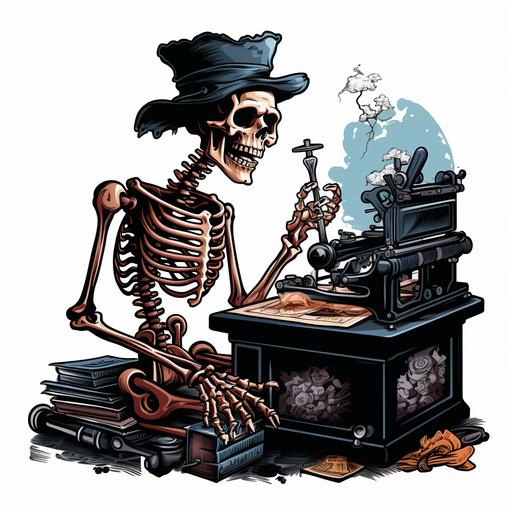 cartoon skeleton person using old printing machine
