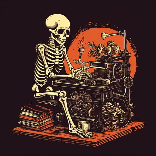 cartoon skeleton person using old printing machine with a pet skeleton cat