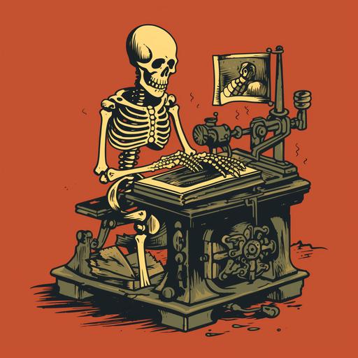 cartoon skeleton person using old printing machine