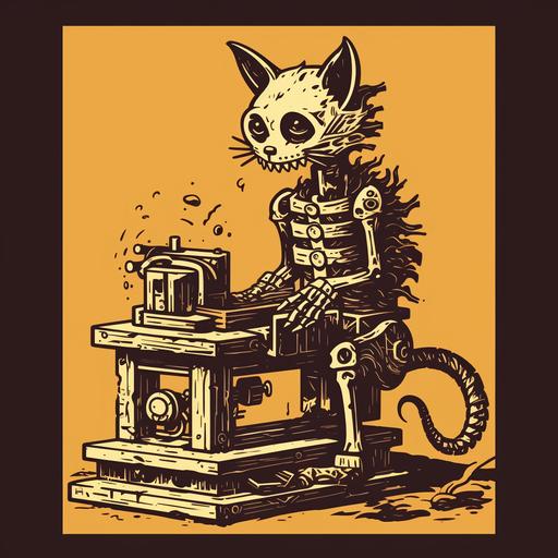 cartoon skeleton using old printing machine with skeleton cat