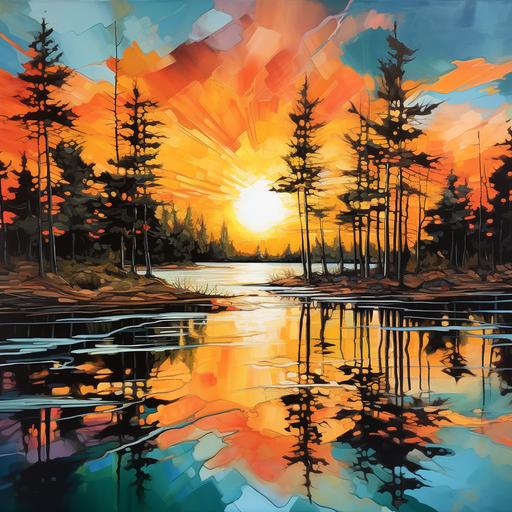 Ontario lake abstract acrylic painting using neons summer golden hour white pine stand of trees and calm water.