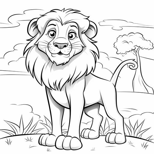 coloring page for kids, Lion, cartoon style, thick line, low detailm no shading, white background, easy picture