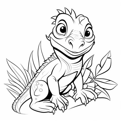 coloring page for kids, cute baby iguana, cartoon style, thick line, low detailm no shading, white background, easy picture
