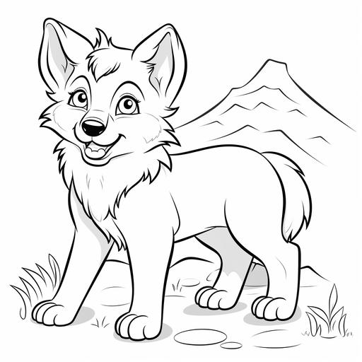 coloring page for kids, cute wolf, cartoon style, thick line, low detailm no shading , without background