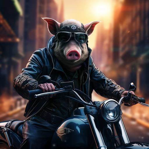 a black pig on a bike in a futuristic city, with sunglasses, hardrock--s 50 --v 5.2 --style raw