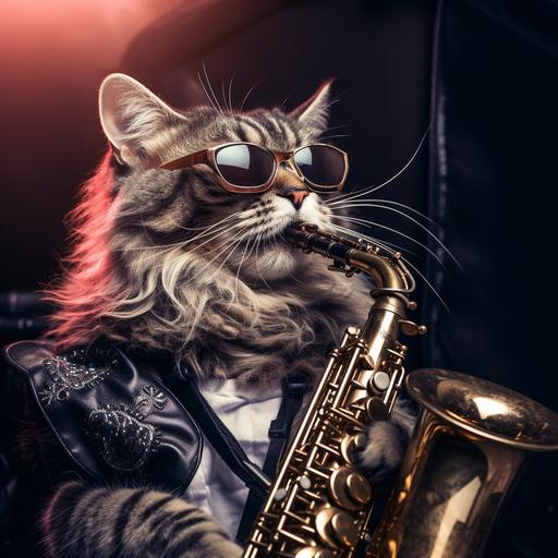 a cat playing saxophone, grey cat with sunglasses, intensity, music on drugs, party hard, babylon style--s 50 --v 5.2 --style raw