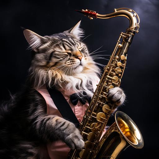 a cat playing saxophone, grey cat with sunglasses, intensity, music on drugs--s 50 --v 5.2 --style raw