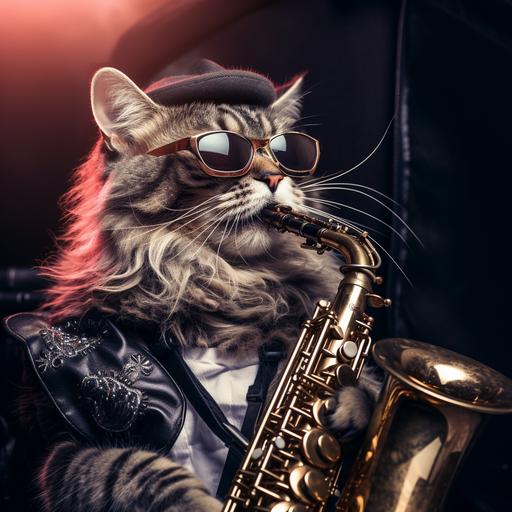 a cat playing saxophone, grey cat with sunglasses, intensity, music on drugs, party hard, babylon style, porkpie hat, --s 50 --v 5.2 --style raw