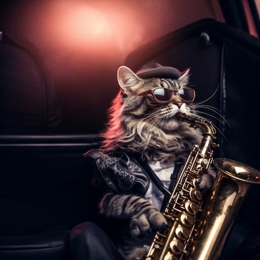 a cat playing saxophone, grey cat with sunglasses, intensity, music on drugs, party hard, babylon style, porkpie hat, --s 50 --v 5.2 --style raw