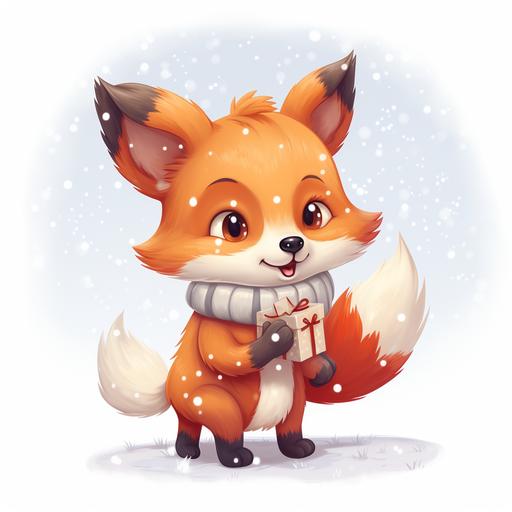 A cute and playful fox with a fluffy tail, holding a Christmas stocking in its mouth, against a backdrop of falling snow, cartoon style, white background, 8k, --v 5.2