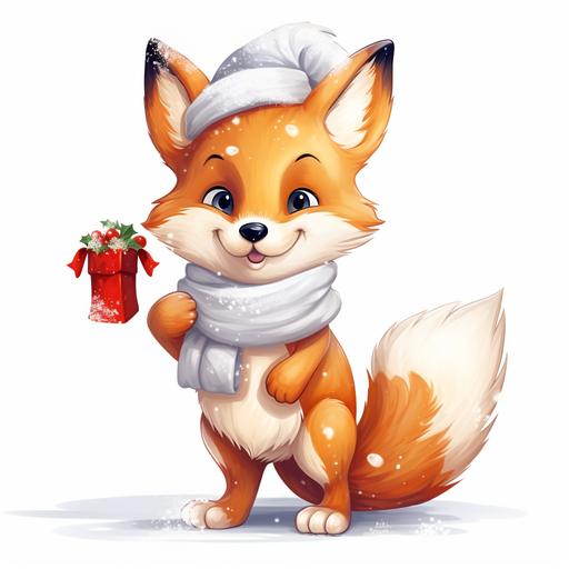 A cute and playful fox with a fluffy tail, holding a Christmas stocking in its mouth, against a backdrop of falling snow, cartoon style, white background, 8k, --v 5.2