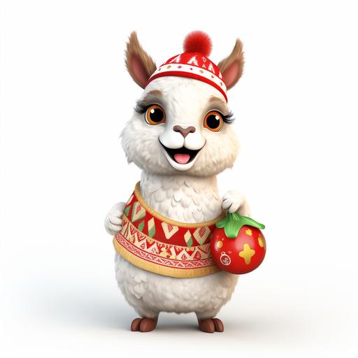 A funny llama with hazelnut in christmas season, cartoon, white background, vibrant, --v 5.2