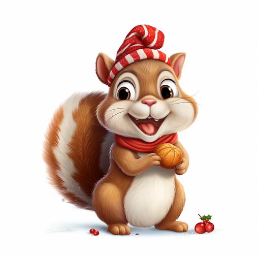 A happy funny squirrel with hazelnut in christmas season, cartoon, white background, vibrant, --v 5.2