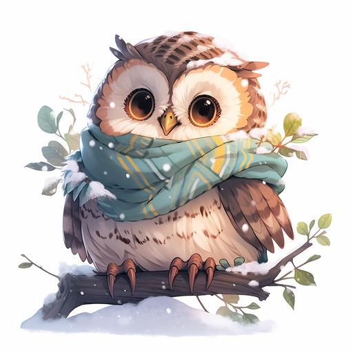 A wise-looking owl dressed in a cozy winter sweater, sitting on a branch with snowflakes falling around, cartoon style, white background, 8k, --niji 5