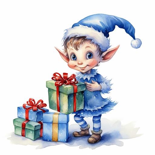 a funny blue elf with christmas gifts, cartoon, christmas, watercolor, white background, --v 5.2