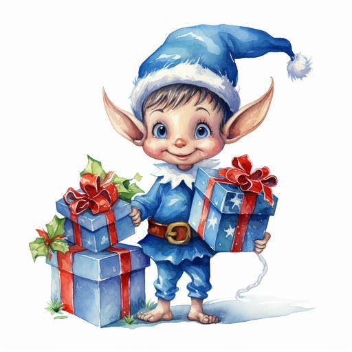 a funny blue elf with christmas gifts, cartoon, christmas, watercolor, white background, --v 5.2