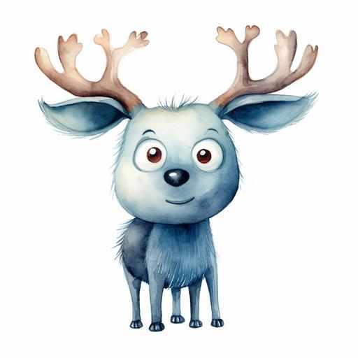 a funny blue reindeer, cartoon, christmas, watercolor, white background, --v 5.2