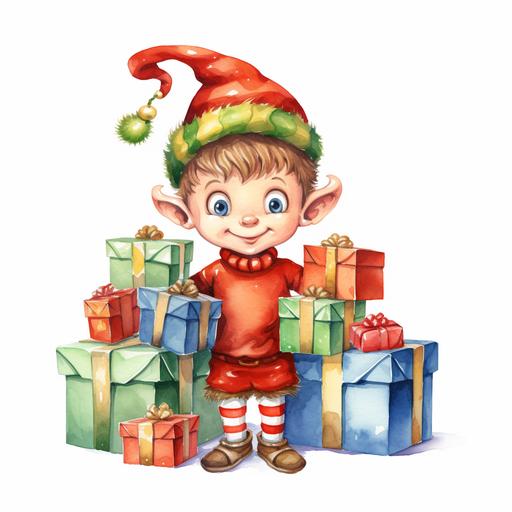 a funny elf with christmas gifts, cartoon, christmas, watercolor, white background, --v 5.2
