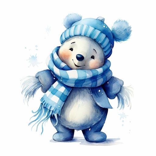 a smiling blue pooh, cartoon, christmas, watercolor, white background, --v 5.2