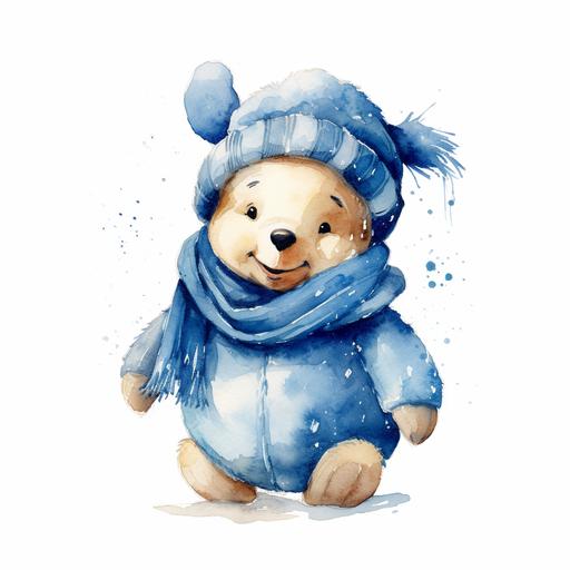 a smiling blue pooh, cartoon, christmas, watercolor, white background, --v 5.2