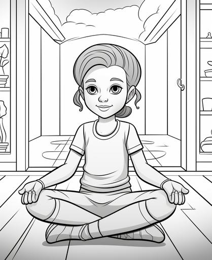 coloring page for kids, girl at home doing a yoga pose, cartoon style, thick lines, low in detail, no shading --ar 9:11