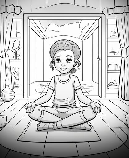 coloring page for kids, girl at home doing a yoga pose, cartoon style, thick lines, low in detail, no shading --ar 9:11