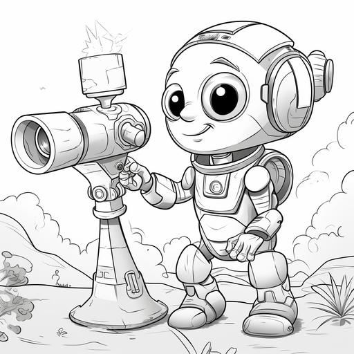 page from kids coloring book, a happy and cute robot looking through a telescope , cartoon style , cartoonish , full white background, no shading in the robot, monochrome, no too dense blacks--ar 9:11