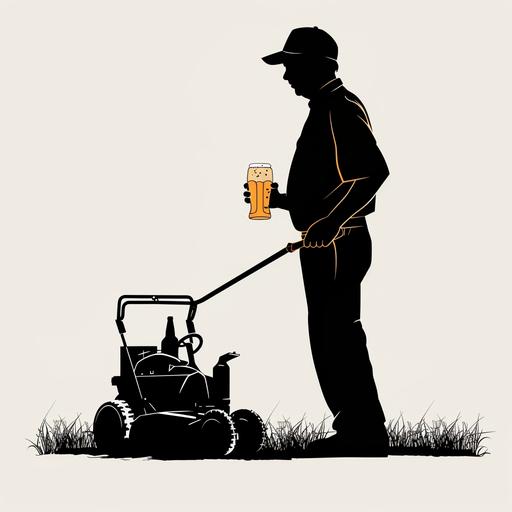 silhouette of a man drinking beer and holding lawn mowing machine, transparent background