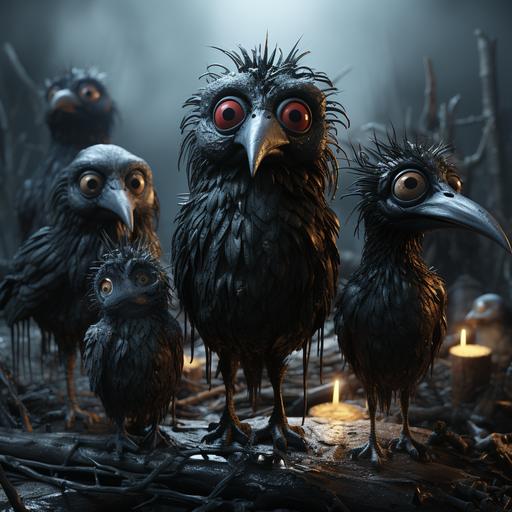 in the style of the fantasy world, several small disgusting monsters resembling deformed black birds with wings --s 750