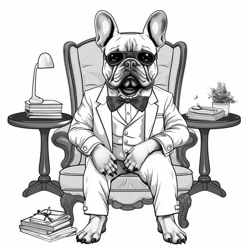 in black and white coloring book style=French bulldog with only a bowtie and glasses sitting in a therapist chair with pad of paper and pen transparent background