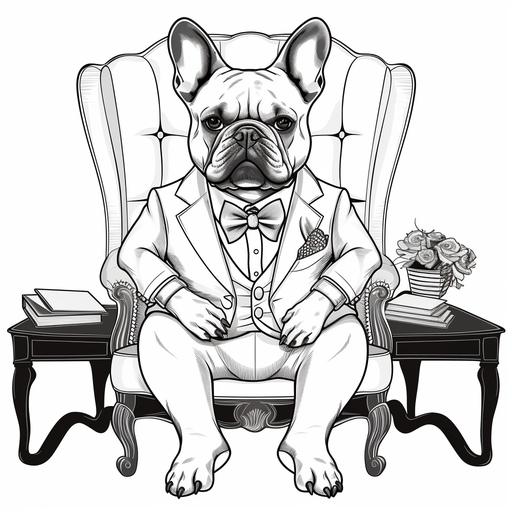 in black and white coloring book style=French bulldog with only a bowtie and glasses sitting in a therapist chair with pad of paper and pen transparent background