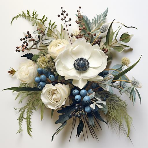 botanic art of a boquet with white rose, white anenomes, Viburnum berries, mint blossoms and Blue Star Thistles