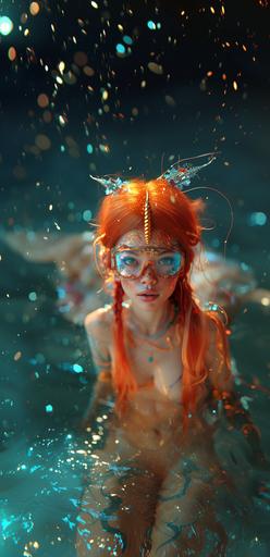 *Mid-century modern* beautiful naiad with shimmering auburn hair that dances in the breeze. Her pale skin is covered with tattoos depicting dragons, unicorns, and ancient symbols. She's wearing a VR headset in Shangri-La with a rainbow, digital art --v 6.0 --s 950 --ar 16:33