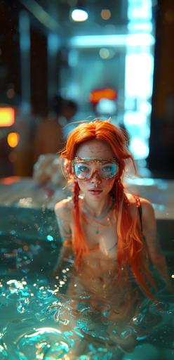 *Mid-century modern* beautiful naiad with shimmering auburn hair that dances in the breeze. Her pale skin is covered with tattoos depicting dragons, unicorns, and ancient symbols. She's wearing a VR headset in Shangri-La with a rainbow, digital art --v 6.0 --s 950 --ar 16:33