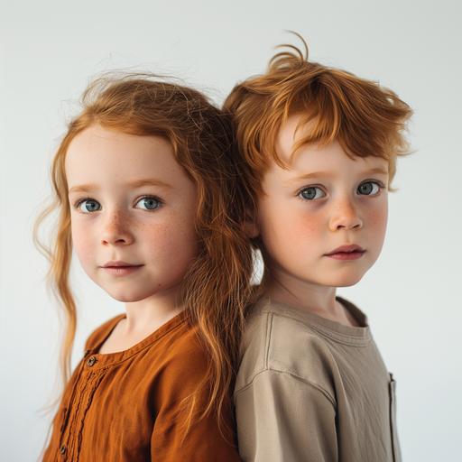 A 4-year-old redhead girl and a 5-year-old brunette boy, looks at the camera, summer brown clothes, camera from the side, Clean white background, low-contrast colors, matte shades, Minimalism, award-winning photography, shot by art director,cinematic shot, minimalismcore, ultra minimalis,studio photo --v 6.0