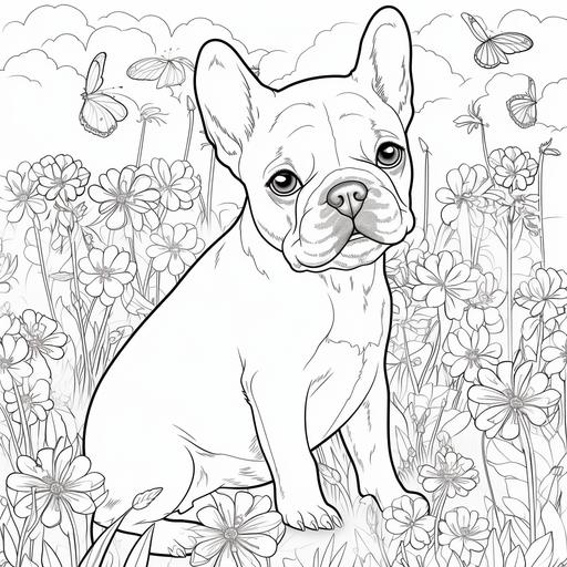 colouring page for kids, French Bulldog, cartoon style, thick line, low detail, low shading, standing in a flower meadow