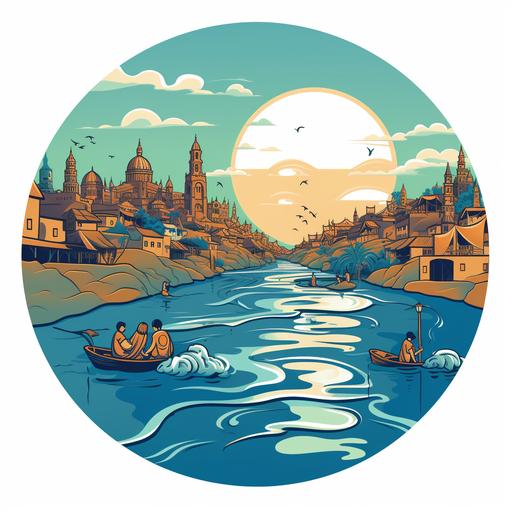 create straightforward symbolic illustration capturing India's wastewater efforts. Depict a river turning clean symbolic illustration of ganga river india simple cartoon outline light color