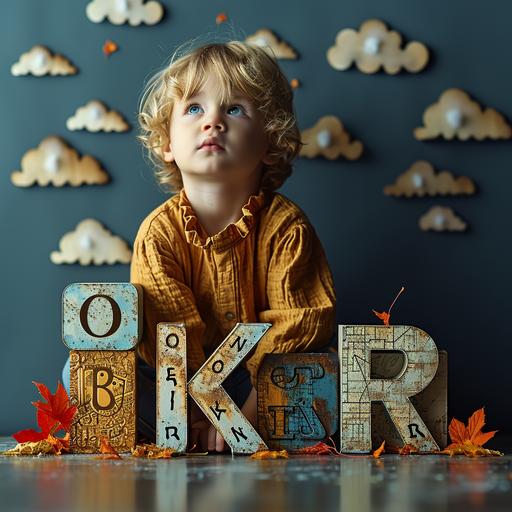 a child sitting on the floor, holding the letters 